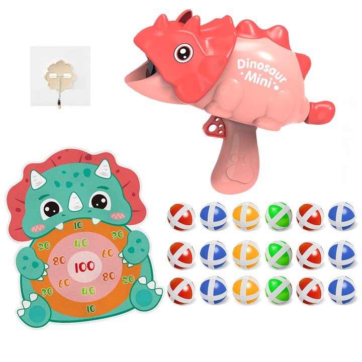 S&Z tépőzáras golyós dinoszaurusz fegyver lövöldözős játék 18 kis golyó, egy horog, egy cél, rózsaszín