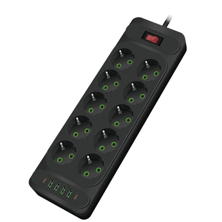 Удължител Fast Charge, MOSMAOO, 10 гнезда, 4xUSB, ON/OFF бутон, Защита от пренапрежение, 2m, Черен