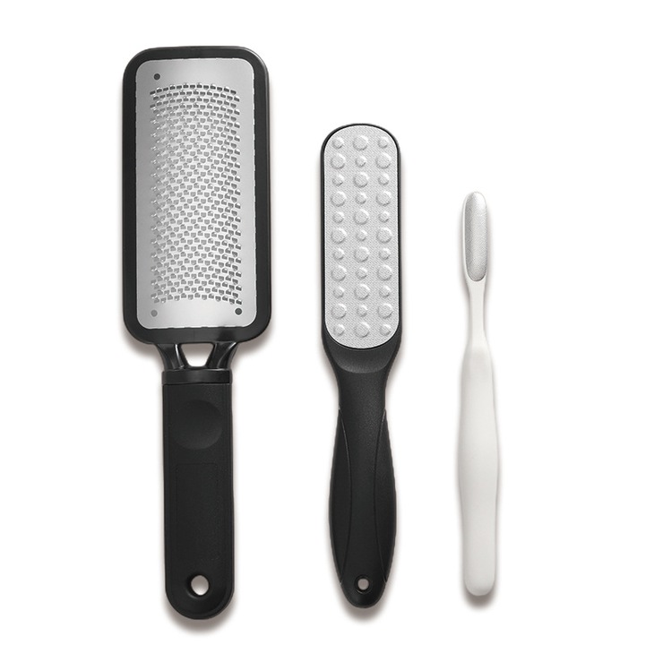 Set 3 accesorii pedichiura, JENUOS®, Pila metalica, dubla abraziva pentru calcaie, pentru Talpi si Calcaie, Bataturi, Piele Moarta, Negru si Alb