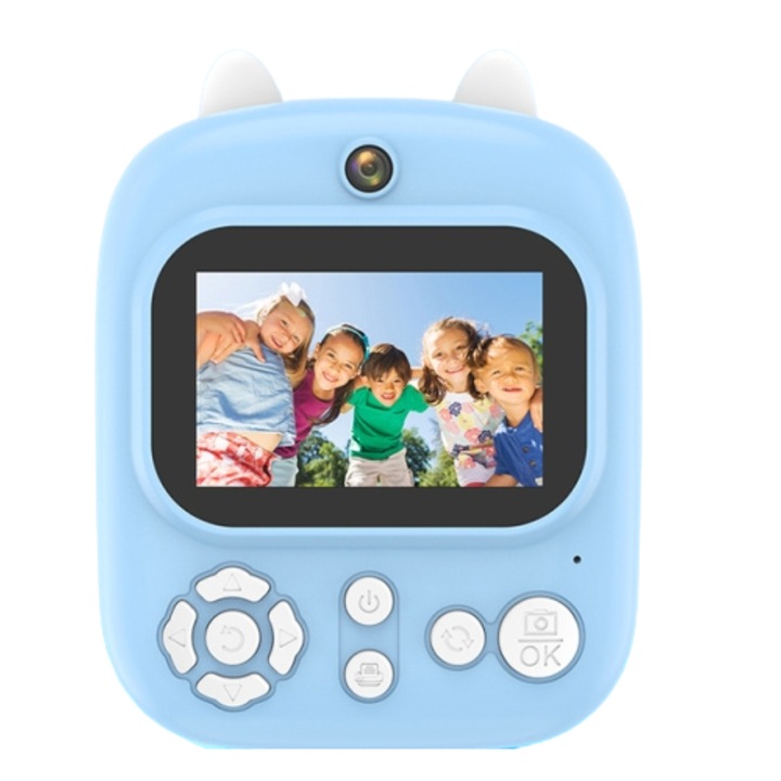 Цифров фотоапарат за деца, 1200 W пиксел, 2,4-инчов екран, възможност за незабавен печат, включена 32G карта с памет, син