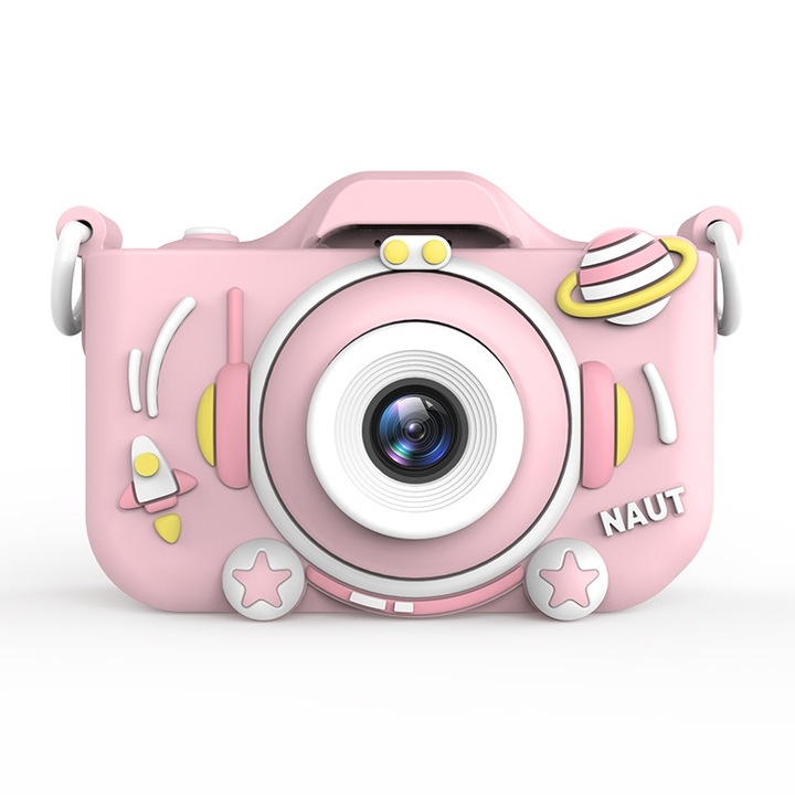 Camera foto digitala pentru copii, doua camere, rezolutie HD 1080P, foto si video, roz