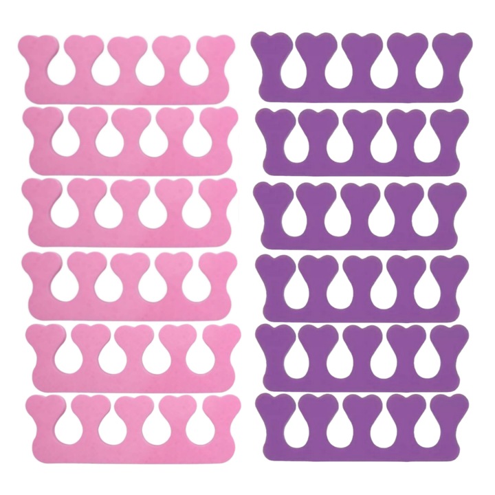 Set 12 Despartitor degete pentru pedichiura si manichiura, Roz/Mov