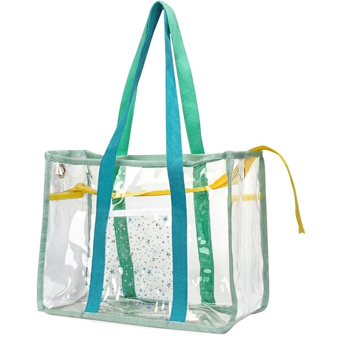 Geanta de plaja transparent, AllizBan, Din PVC/Plasa, 45x30x17cm, impermeabila, albastru deschis