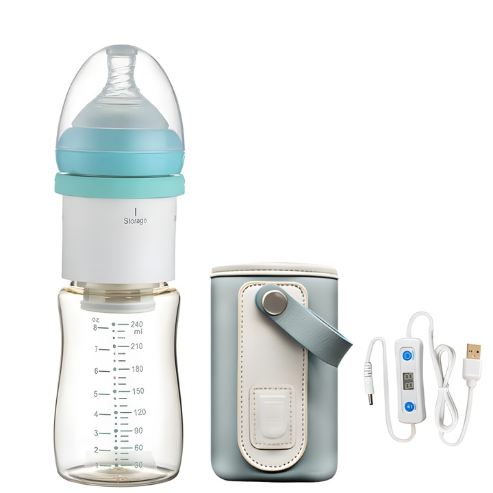 Бебешко шише FAVsmart, С нагревател и вграден дозатор за мляко на прах, Без BPA, 240 ml, Преносимо, Смарт регулиране на температурата, Безшумно, Ефективно и екологично, Бял