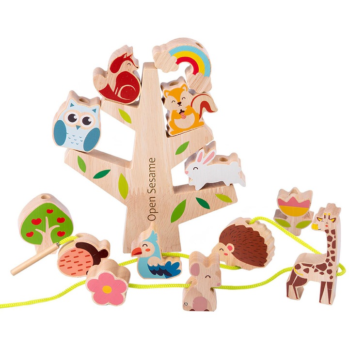 Jucarie Montessori de Constructie si Stivuire pentru Copii de +3 ani tip Copacul cu Animale, Arelair Magic Box, set creativ de lemn cu animale, arbore si snur, pentru dezvoltare motricitate fina, cadou copii, multicolor