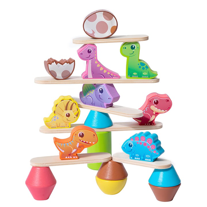 Oktató egyensúlyozó és tanuló játék +3 éves gyerekeknek, Dinosaur Scale típusú, Arelair Magic Box, kreatív fa építőkocka készlet dinoszauruszokkal, finommotorika fejlesztésére, gyermekajándék, többszínű