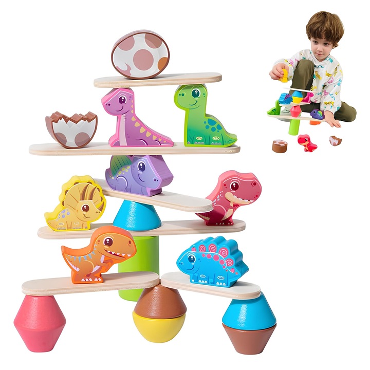 Jucarie educativa de Echilibru si Invatare pentru copii de +3 ani tip Balanta cu Dinozauri, Arelair Magic Box®, set creativ de lemn blocuri de constructie cu dinozauri, pentru dezvoltare abilitati motrice fine, cadou copii, multicolor