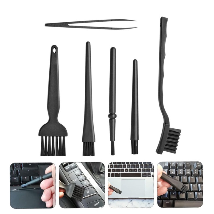 Kit pentru curatare 6 in 1, NUODWELL, Anti static, Curatare profunda,, Pentru interioarele masinilor, tastaturi, Plastic/Nylon, Negru