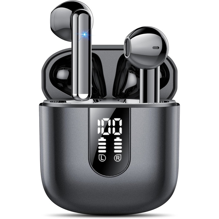 Безжични слушалки Excitat® Audio, безжични, Bluetooth 5.3, HD микрофон, цифров дисплей, водоустойчиви, черни