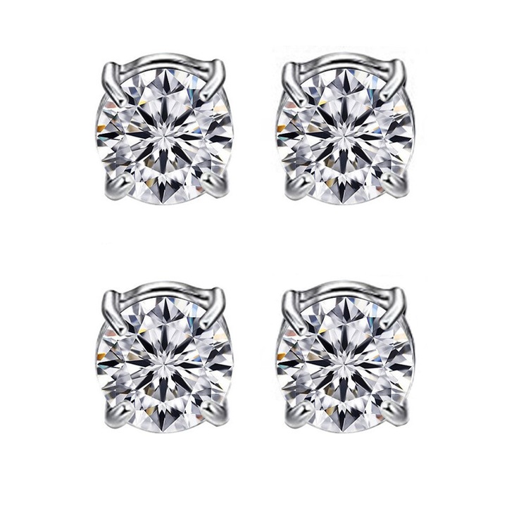 Set 2 perechi cercei cu magnet, Hggzeg, Tip clips pentru ureche, Cu zirconiu, Pot fi purtati si de femei si de barbati, Usor de asortat, Perfect potrivita oricarui tip de tinuta, Aliaj de zinc, 0.8 x 0.8 cm, Argintiu