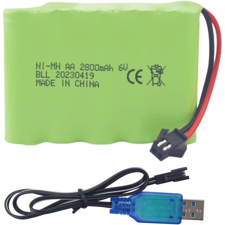 Батерия, Зареждаща се, Със SM-2P щепсел и USB кабел за зареждане, Съвместима с TB141, TB142, DE37, За RC коли, Багери, Камиони и RC превозни средства, AA 6.0V, 2800mAh