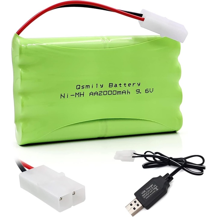 AA 9.6V 2000mAh újratölthető akkumulátor Tamiya csatlakozóval és USB töltőkábellel - Ideális autókhoz, teherautókhoz, tankokhoz és RC hajókhoz - 100x57x15mm - 100 gr