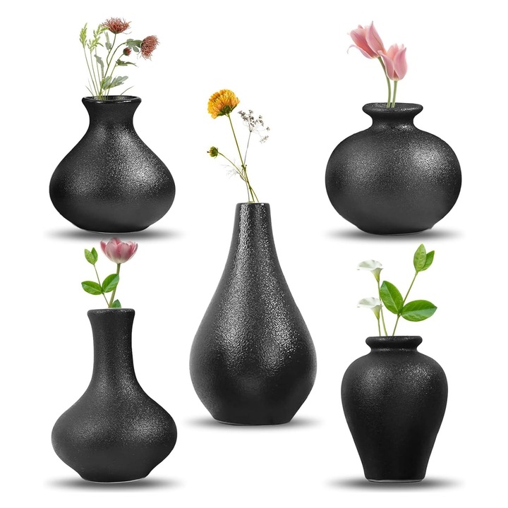 Set 5 vaze decorative din ceramica, SINBINTA, Distincte, De mici dimensiuni, Reutilizabile, Versatilitate, Robustete, Arta populara moderna, Utilizare Larga, Pentru sufragerie, Masa sau rafturi, Negru