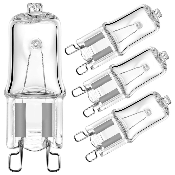 Set 4 G9 bec cuptor 230V 40W, Axroad Mall, 2900K, CRI 100, Distanta dintre picioare 9mm, Strat de protectie UV, Durata de viata de pana la 2000 de ore, Finisaj placat cu nichel, 41×13 mm, Transparent