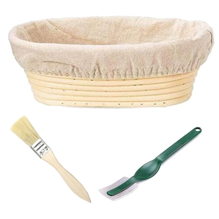 Комплект ратанови кошници за втасване на тесто, AllizBan, овални, със свалящ се памучен капак, 28X14X8CM