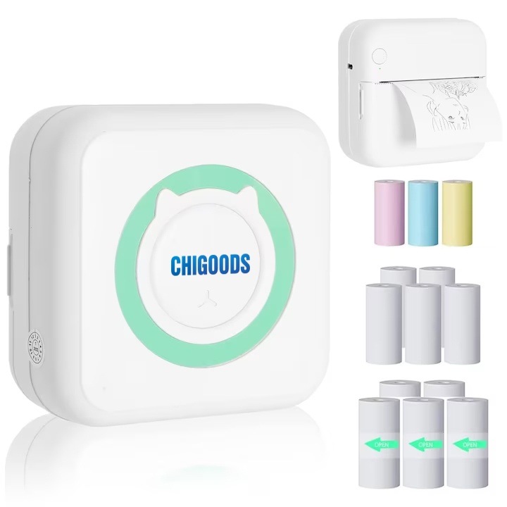 Set imprimanta termica si role hartie, Chigoods, 13 buc, Control APP, 1200 mAh, Multicolor