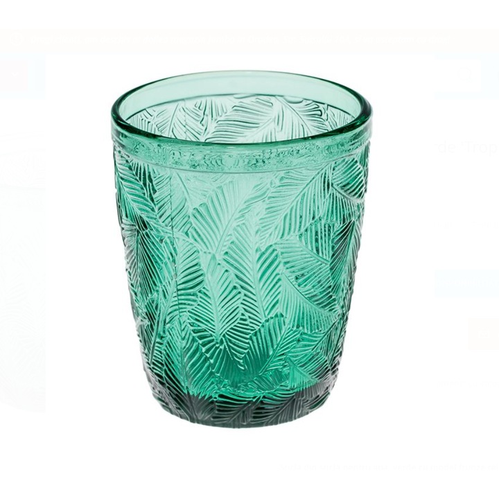 Set pahare 4 pahare, Sticla Exclusive, Verde, Model tropical relief cu frunze, 300 ml