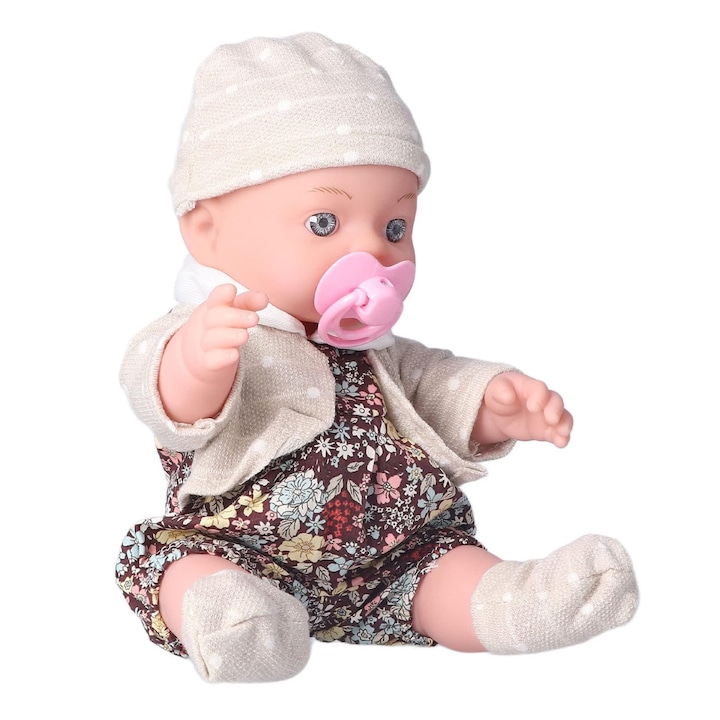 Papusa bebelus, SINBINTA, 3 ani+, Cu biberon si haine, Aspect realist, Ajustabil prin rotire, Moale si neteda, Sigur si durabil, Educatie interactiva, joc de rol, Vinil, 30x17.5cm, Maro