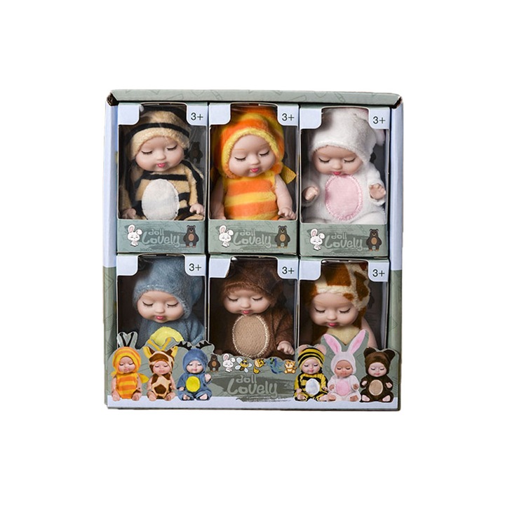 Комплект от 6 кукли, SINBINTA, Животински стил, Реалистичен външен вид, Регулируема поза, мека, Лесна за почистване, Интерактивно обучение, PVC, 11 x 5 см, Многоцветна