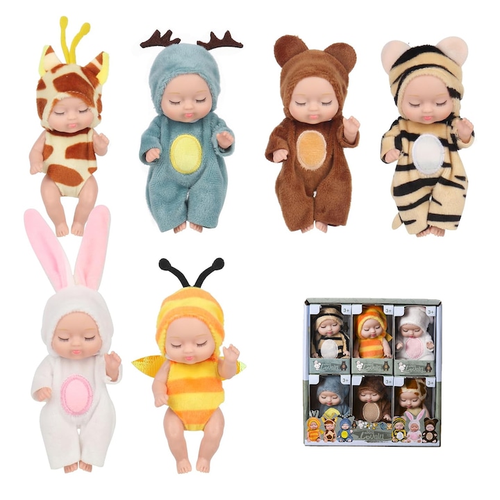 Set 6 Papusi, SINBINTA, Stil animal, Aspect realist, Postura ajustabila, moale, Usor de curatat, Educatie interactiva, PVC, 11 x 5cm, Multicolor