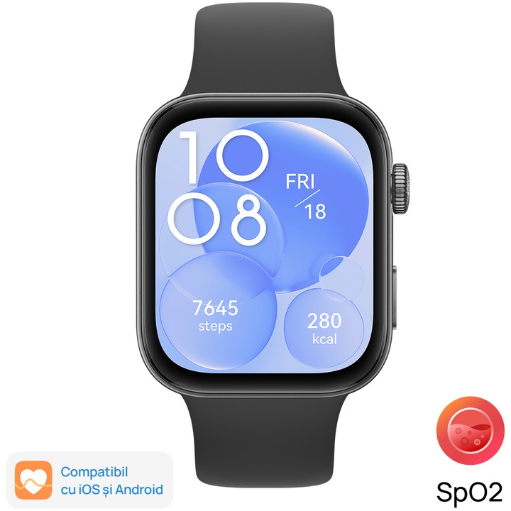 Smartwatch Huawei Watch FIT 3, Black Body with Black Fluoroelastomer Strap