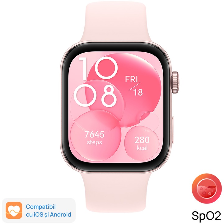 Смарт часовник Huawei FIT 3, Pink Body, 43.2mm, Pink Fluoroelastomer Strap