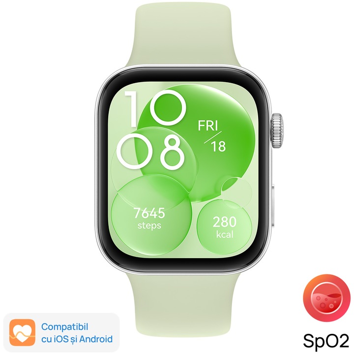 Смарт часовник Huawein FIT 3, Green Body, 43.2mm, Green Fluoroelastomer Strap