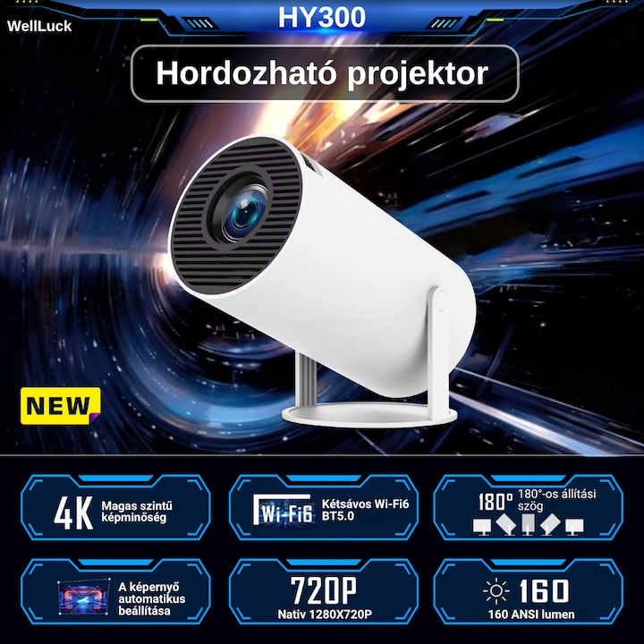 WellLuck hordozható videoprojektor, Smart 4K Ultra HD, kétsávos WiFi6-5G, BT 5.0, Android 11.0, négymagos ARM Cortex-A53 processzor,120 ANSI,180° forgatás,130 hüvelykes képátló, alacsony zajszint, integrált sztereó hangszóró