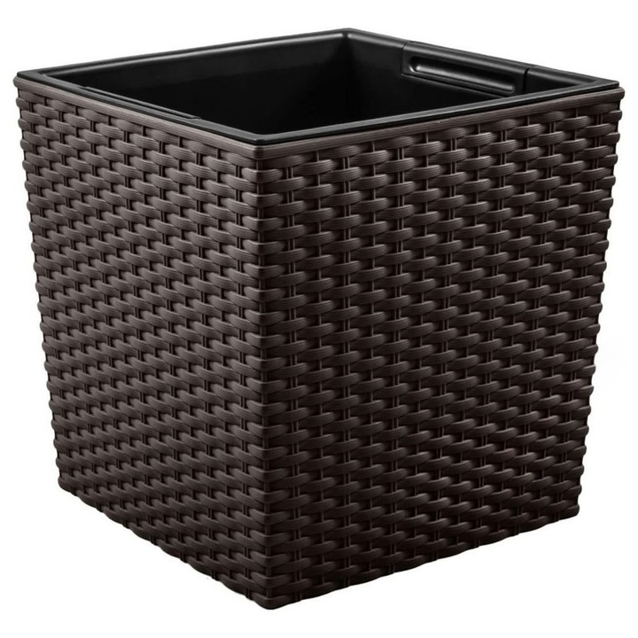Ghiveci Decorativ Mercaton pentru Flori, Material PP, Rezistent UV, Imitatie Ratan, 22.5x23 cm, Maro