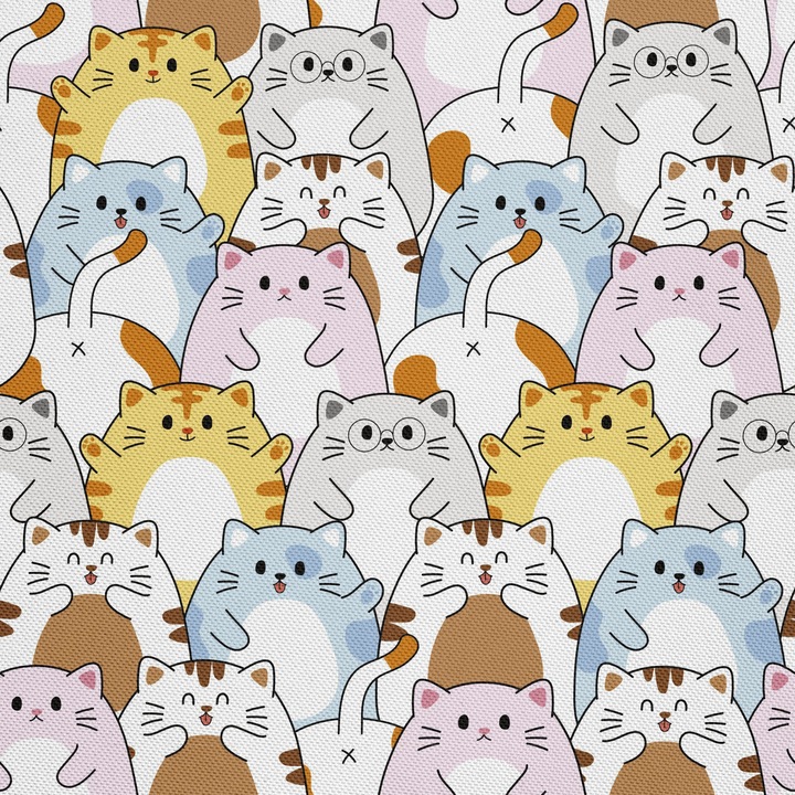 Textil anyag, Színes kawaii macskák, Poliészter 100%, 210g/pm, Méret: 100cm x 155cm