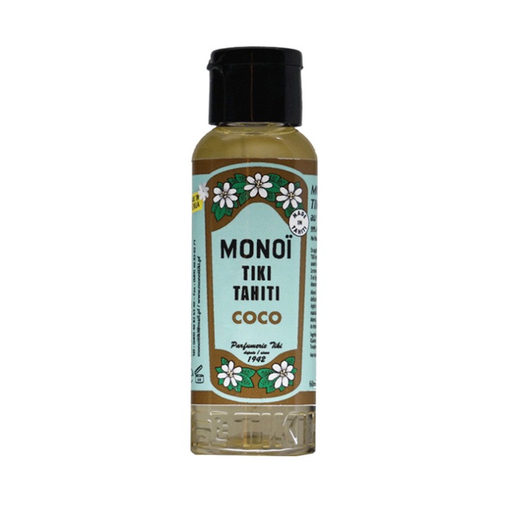 Ulei natural, TIKI Tahiti. Monoi Coco Coconut, un amestec de ulei de nuca de cocos pur si esenta delicata de Tiare, Tahitian Gardenia, catifeleaza, hidrateaza, 60 ml