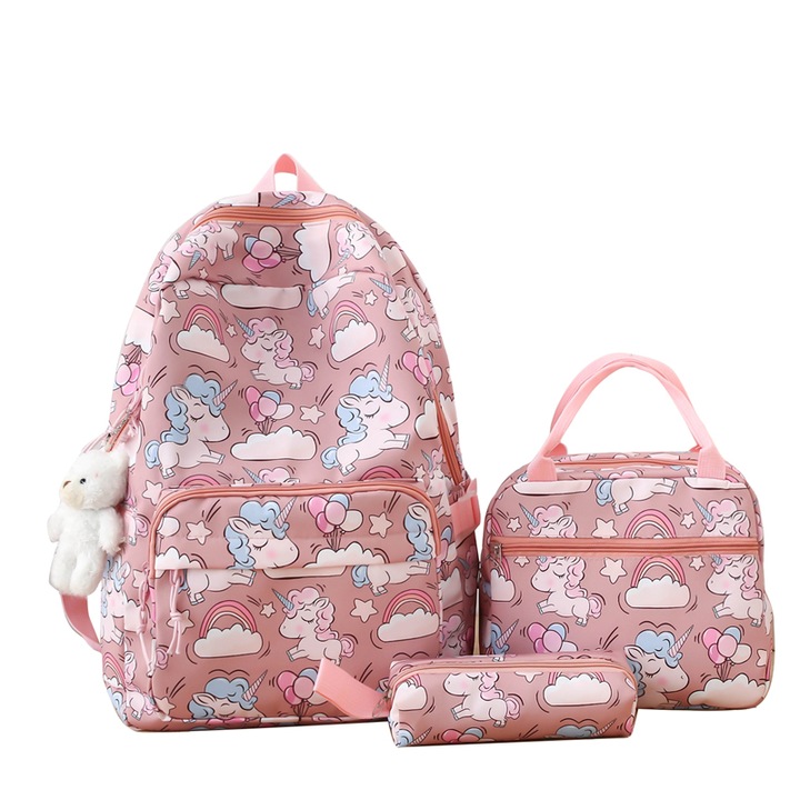 Set ghiozdan scoala penar si geanta, NEVERMORE, Design cu imprimeu adorabil, 45 x 31 x 18 cm, Roz