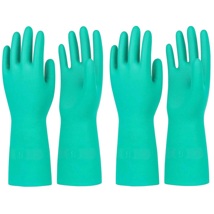 Manusi din cauciuc rezistent, Axroad Mall, 2 Perechi, Marimea L, Cu prindere antiderapanta, Protectie anti-chimica, Industriale, Rezistent la abraziune si perforare, Nitril, Grosime 0.45 mm, Lungime 33 cm, Verde