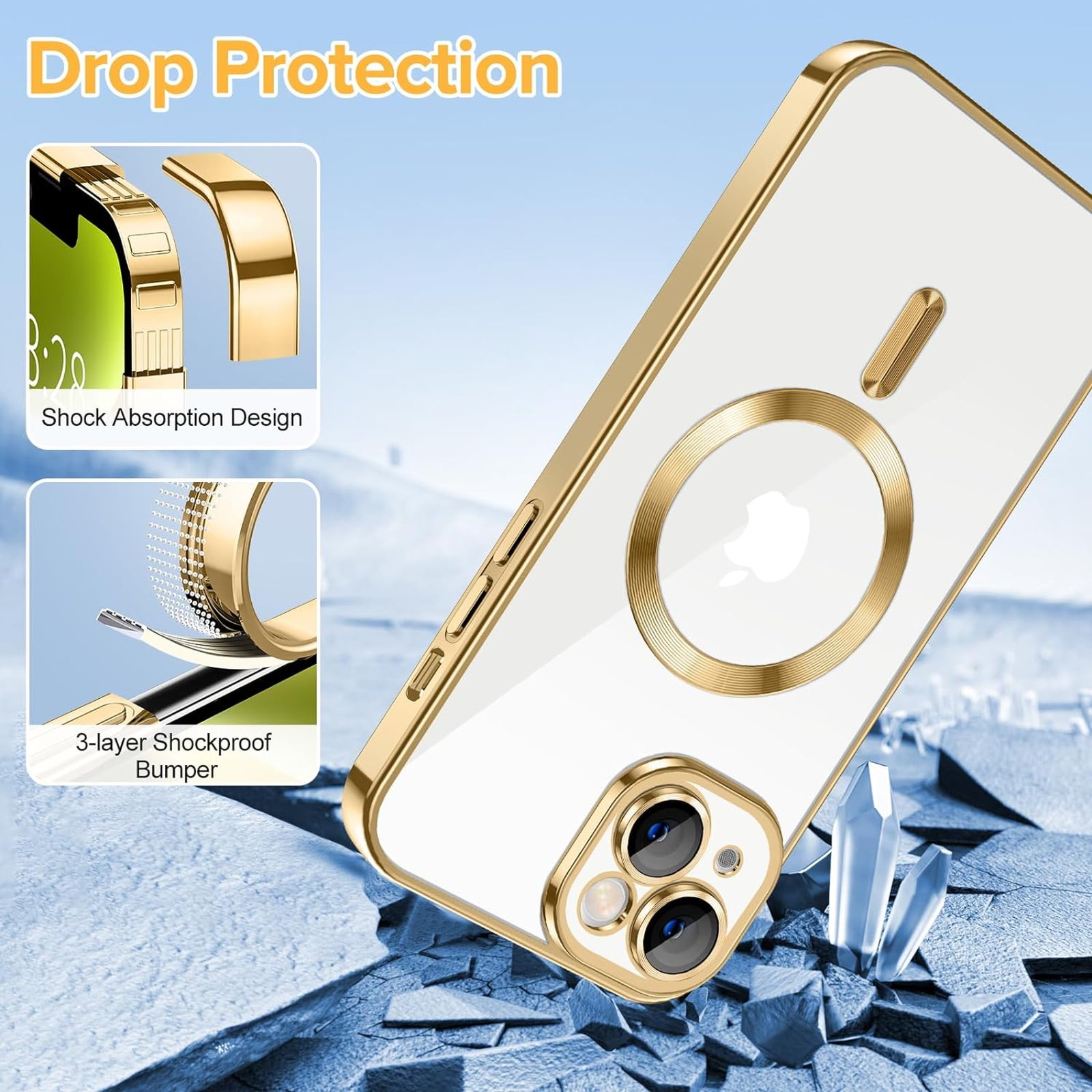Husa Luxury tip MagSafe compatibila cu iPhone 13, Full protection, Margini colorate, Auriu