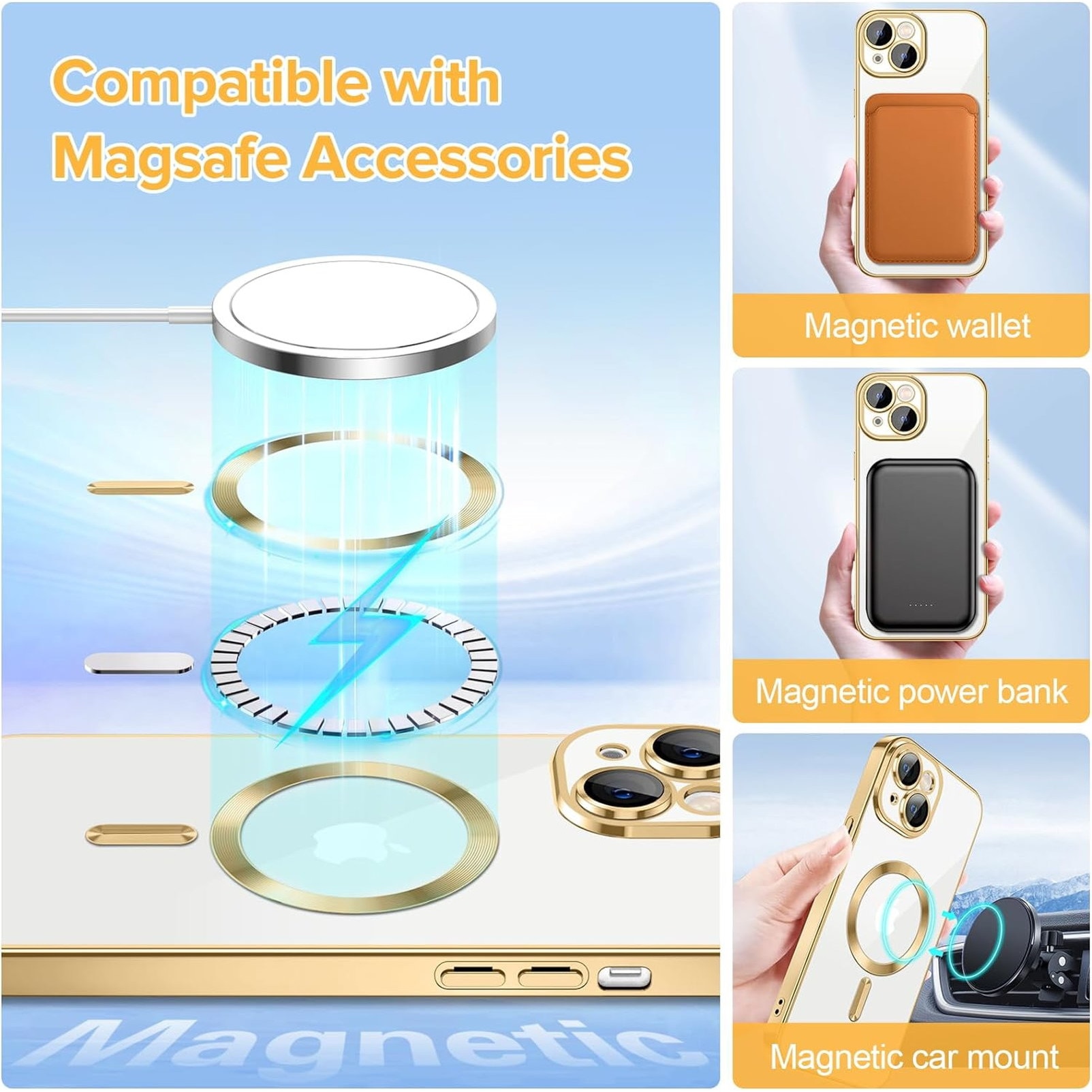 Husa Luxury tip MagSafe compatibila cu iPhone 13, Full protection, Margini colorate, Auriu