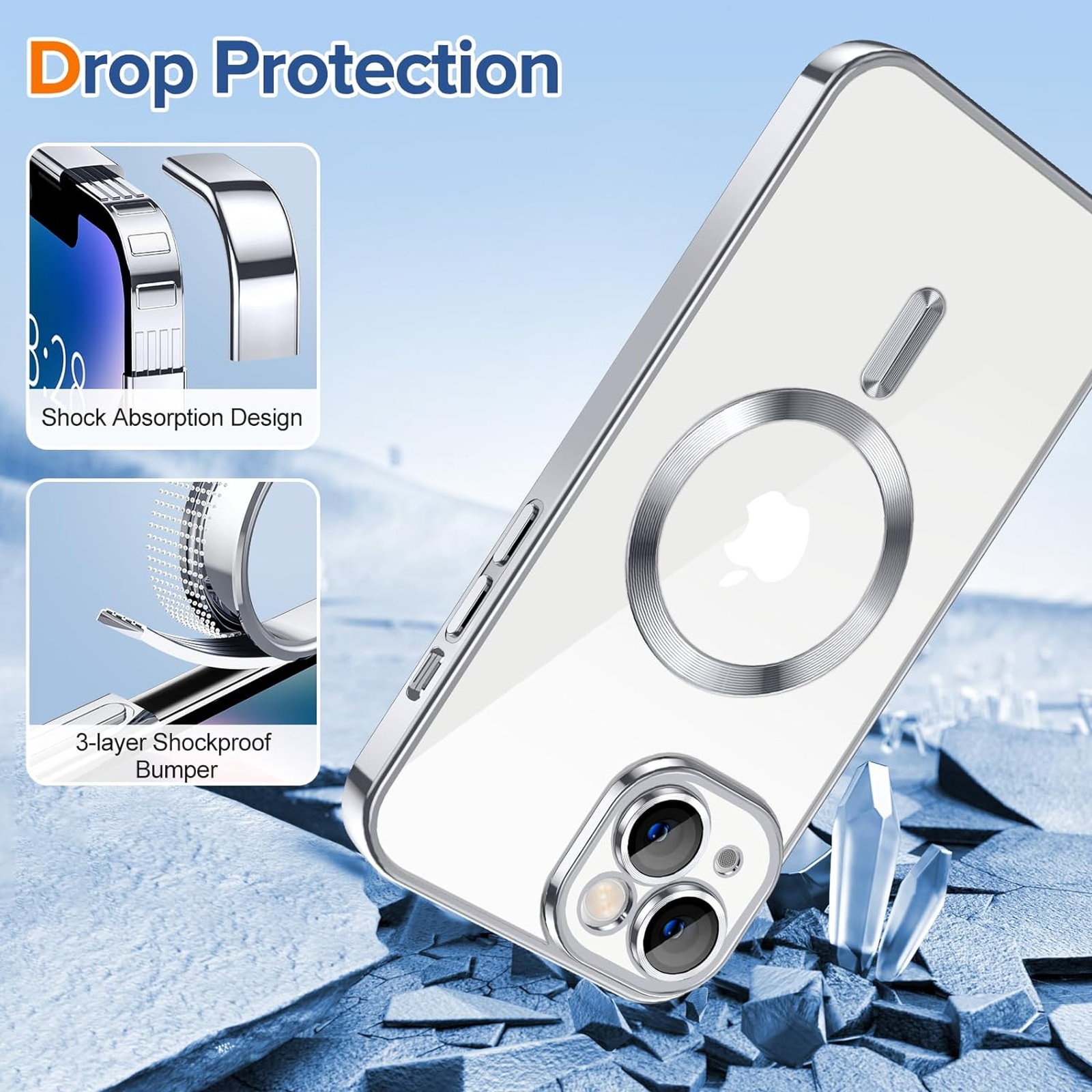 Husa Luxury tip MagSafe compatibila cu iPhone 13, Full protection, Margini colorate, Argintiu