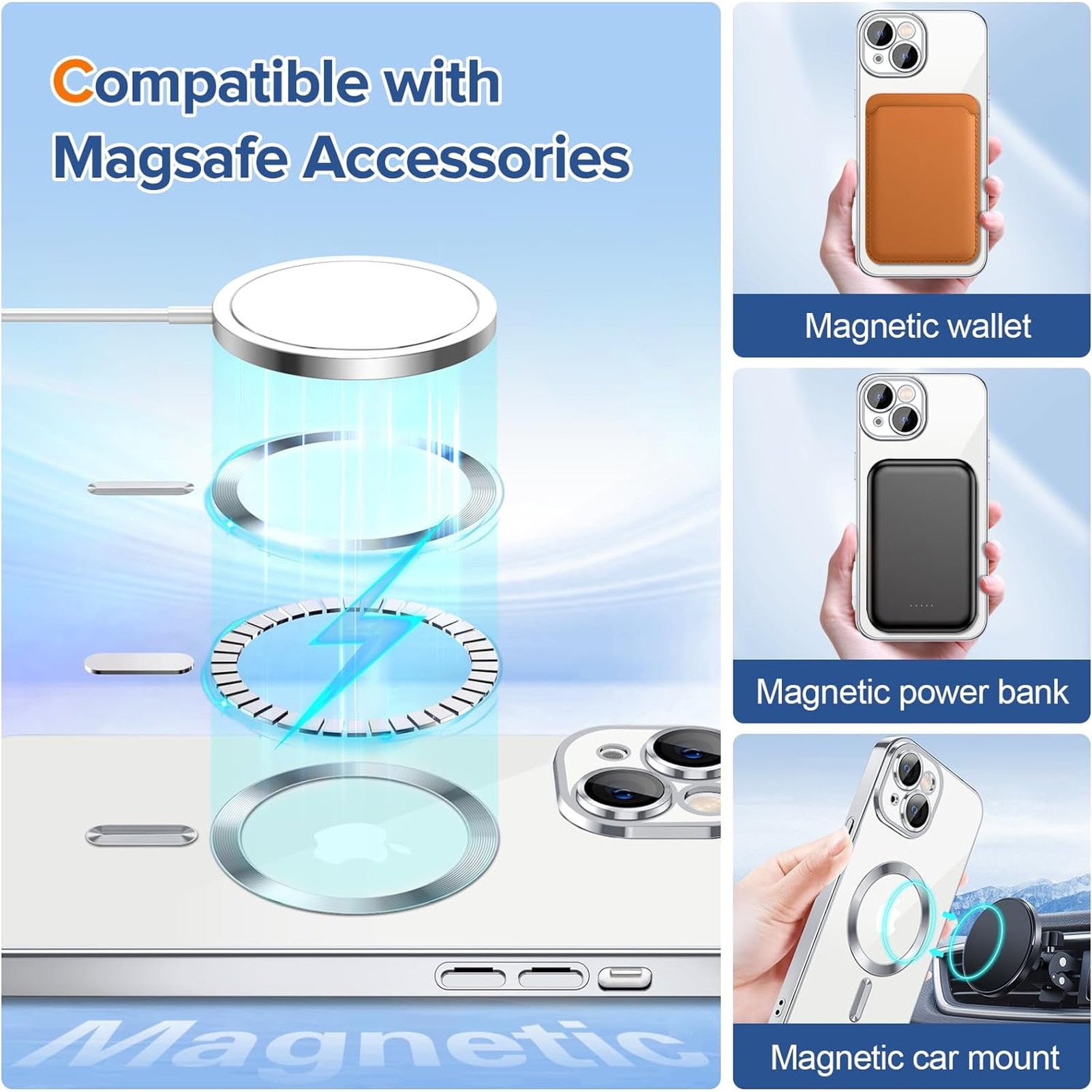 Husa Luxury tip MagSafe compatibila cu iPhone 13, Full protection, Margini colorate, Argintiu