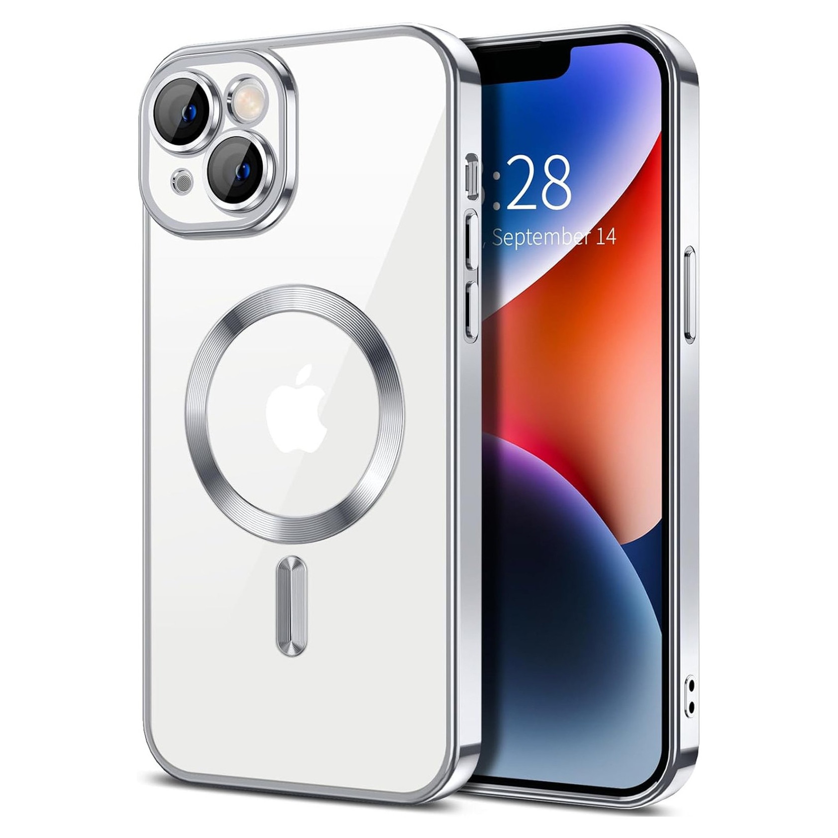 Husa Luxury tip MagSafe compatibila cu iPhone 13, Full protection, Margini colorate, Argintiu