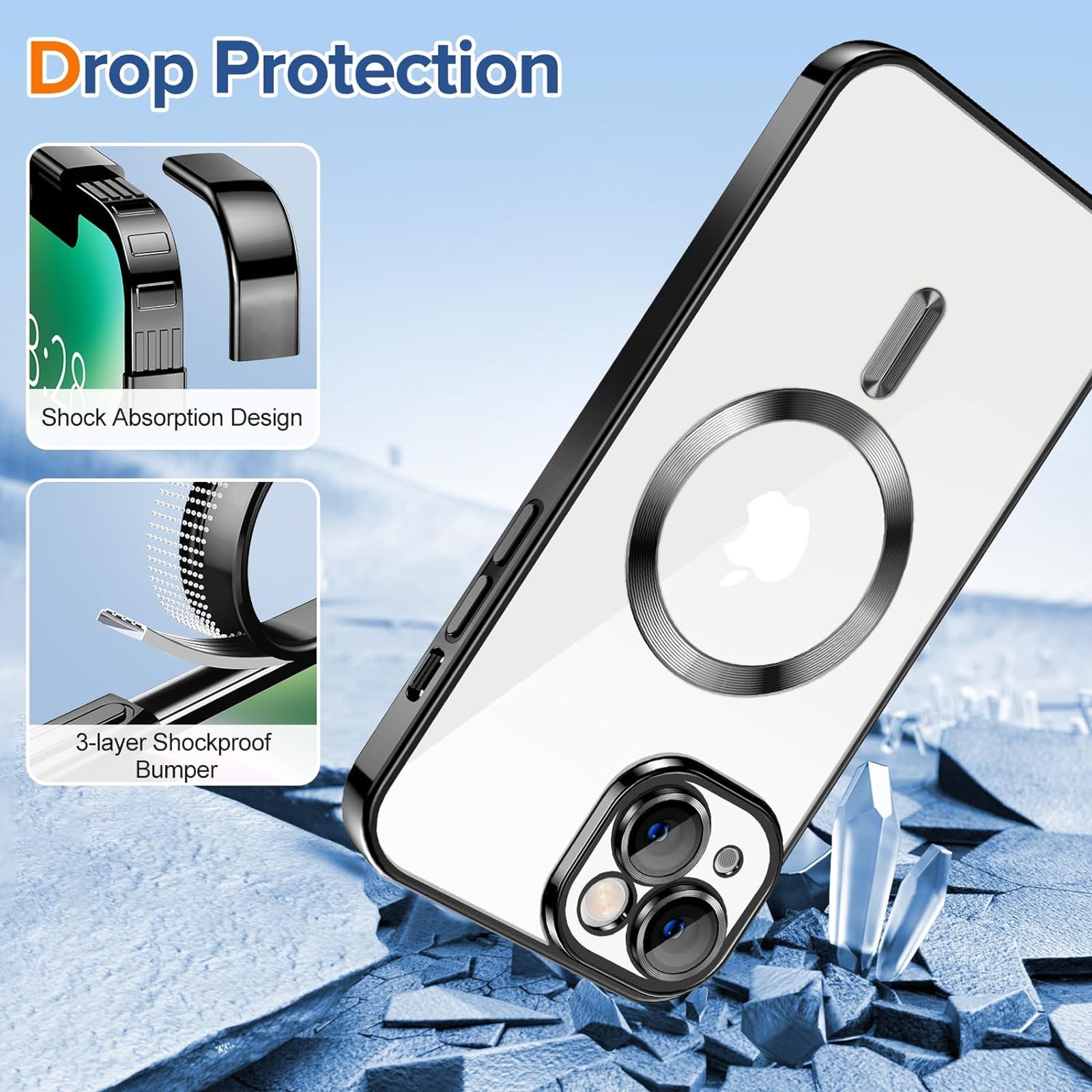 Husa Luxury tip MagSafe compatibila cu iPhone 14, Full protection, Margini colorate, Negru