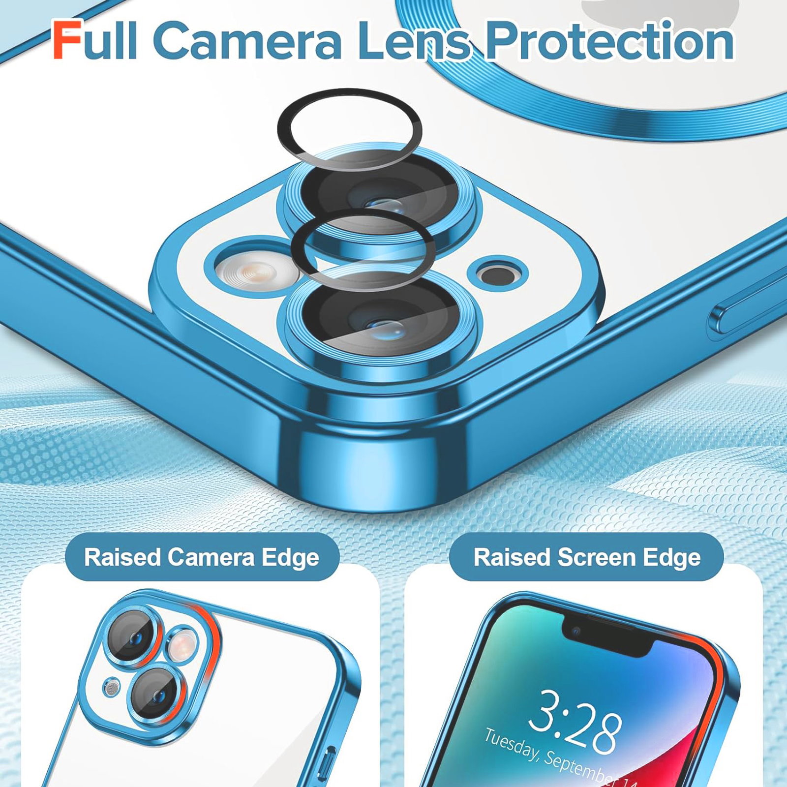 Husa Luxury tip MagSafe compatibila cu iPhone 14, Full protection, Margini colorate, Sierra Blue