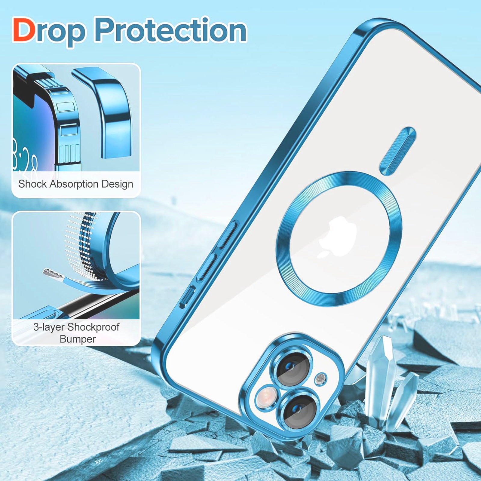 Husa Luxury tip MagSafe compatibila cu iPhone 14, Full protection, Margini colorate, Sierra Blue