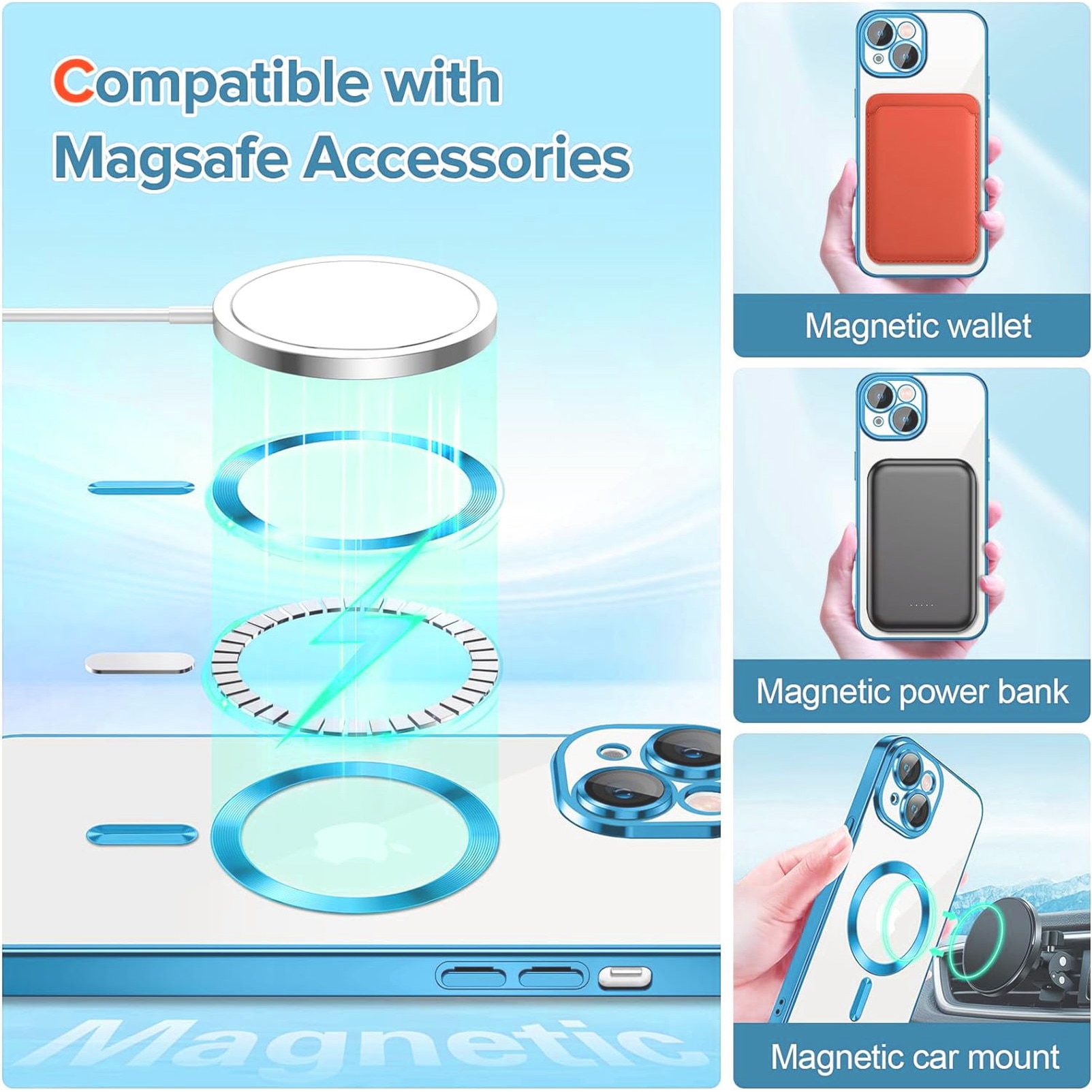 Husa Luxury tip MagSafe compatibila cu iPhone 14, Full protection, Margini colorate, Sierra Blue