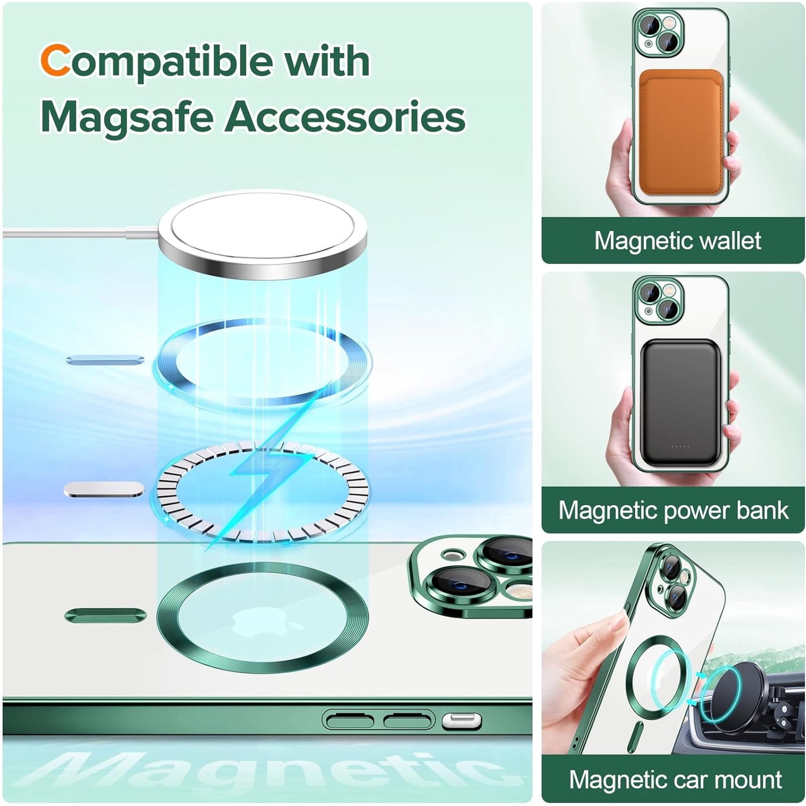 Husa Luxury tip MagSafe compatibila cu iPhone 13, Full protection, Margini colorate, Verde