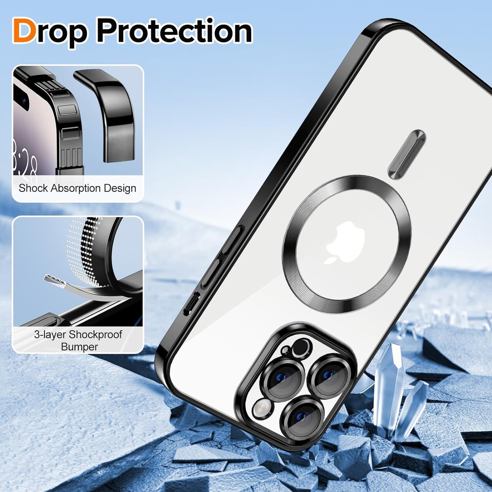 Husa Luxury tip MagSafe compatibila cu iPhone 14 Pro, Full protection, Margini colorate, Negru