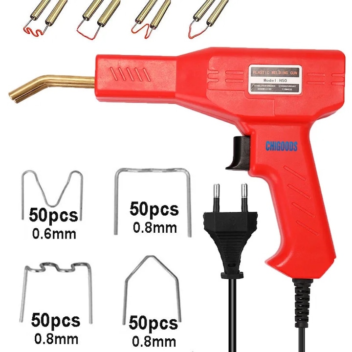 Set Pistol si Capse Chigoods pentru Lipit Plastic, sudat plastic, repararea fisurilor din plastic, 200 capse si geanta transport incluse, putere 50W, Rosu