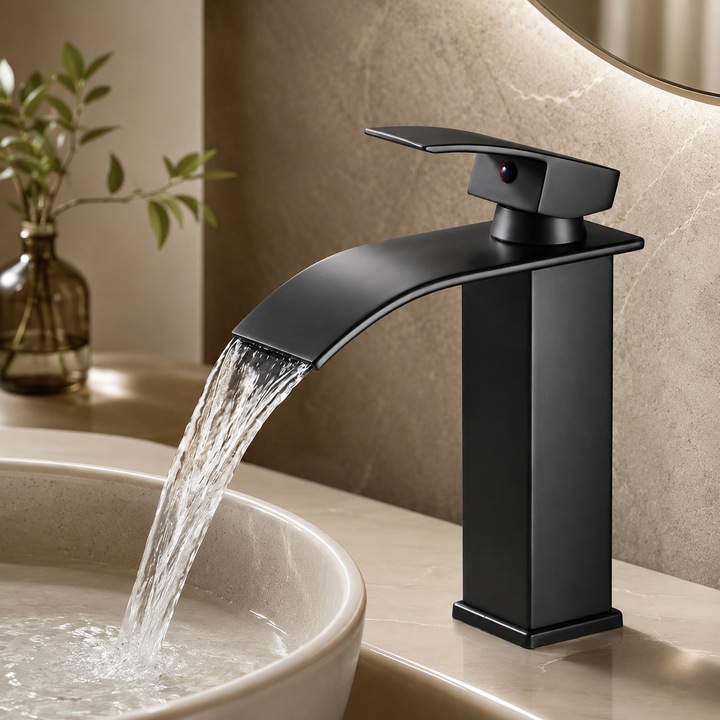 Baterie Chiuveta Baie, Tip Cascada, Monocomanda, Design Minimalist, Racorduri incluse, Otel Inoxidabil, Puternica si Durabila, Rezistenta la rugina si coroziune, usor de instalat, SMARTGADGETS C&A, Negru