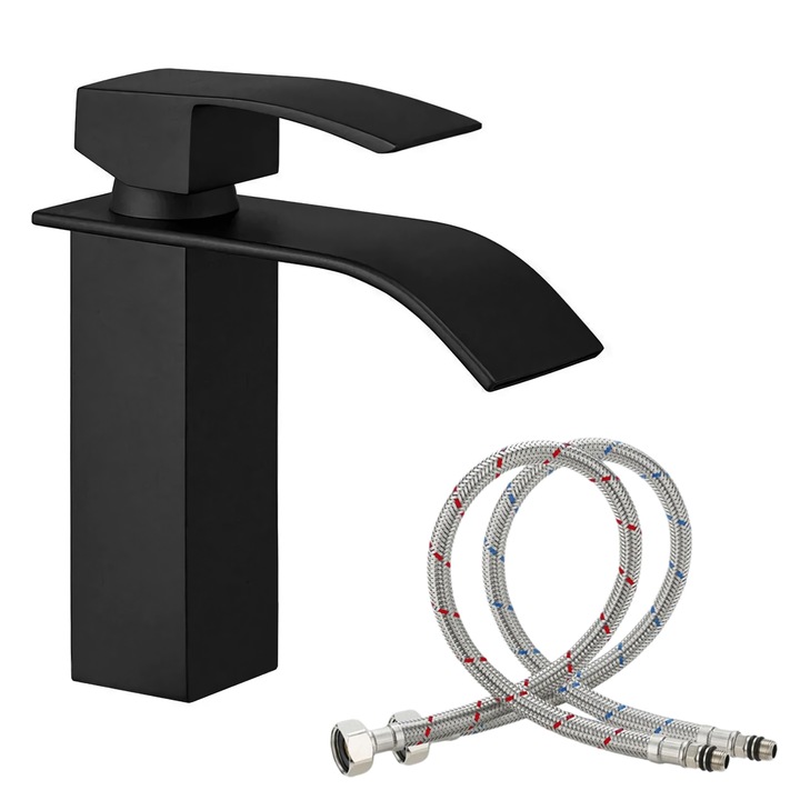 Смесител за мивка за баня, тип водопад, единична дръжка, минималистичен дизайн, включени връзки, неръждаема стомана, здрав и издръжлив, устойчив на ръжда и корозия, лесен за инсталиране, SMARTGADGETS C&A, черен