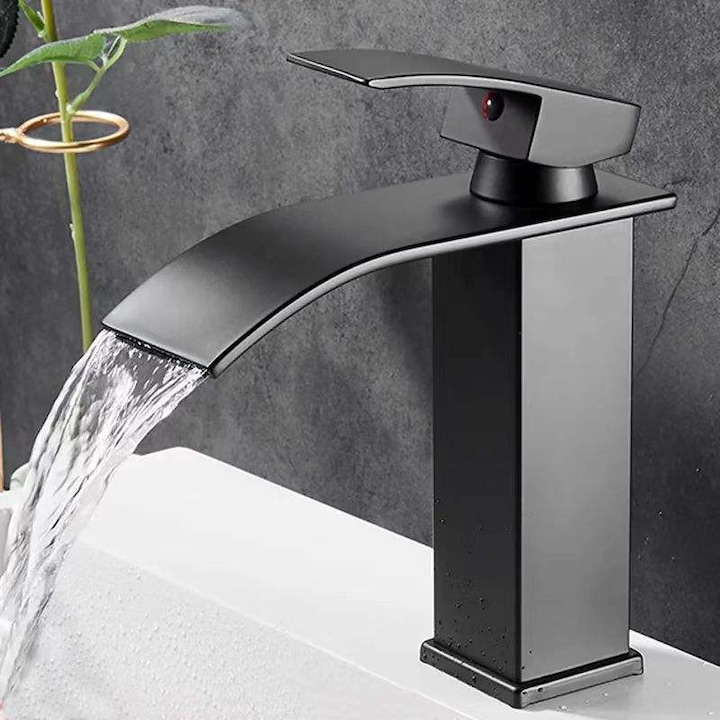 Baterie Chiuveta Baie, Tip Cascada, Monocomanda, Design Minimalist, Racorduri incluse, Otel Inoxidabil, Puternica si Durabila, Rezistenta la rugina si coroziune, usor de instalat, SMARTGADGETS C&A, Negru