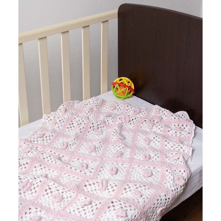Paturica bebe Silk Fashion, tricotata manual, roz/alb, 100x150cm