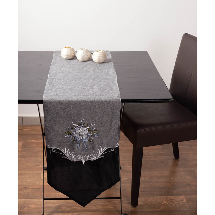 Fata de masa Silk Fashion, cu broderie, gri/negru, 45x170cm